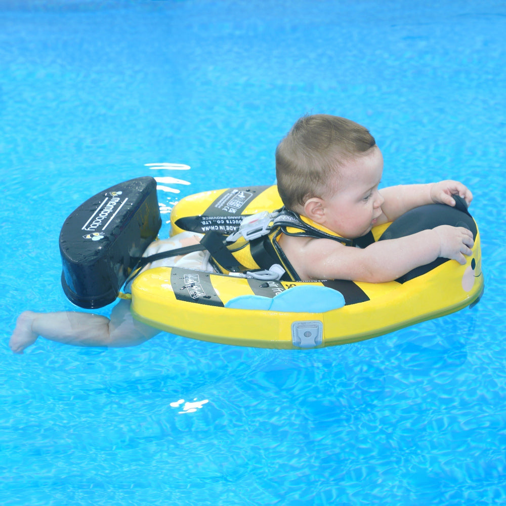 Flotador bebé sin aire Mambobaby™ Abeja – Ayuda de natación sin aire abeja amarilla con arnés, bebé dentro en piscina