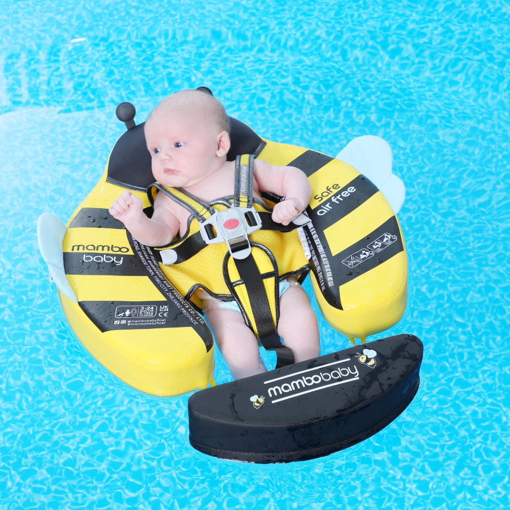 Flotador bebé sin aire Mambobaby™ Abeja – Ayuda de natación sin aire en abeja amarilla con bebé, capota y soporte