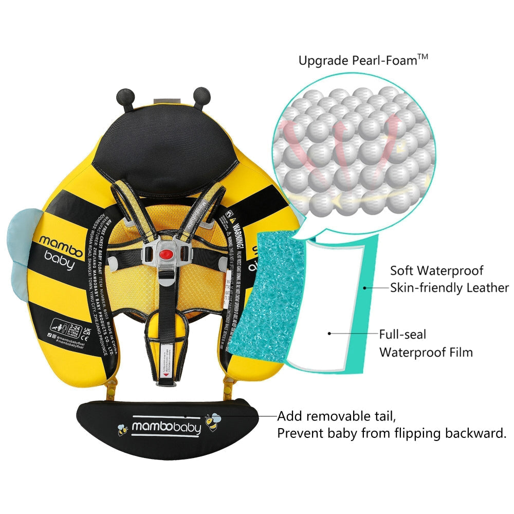 Ayuda de natación sin aire Mambobaby™ con diseño de abeja amarilla y arnés negro