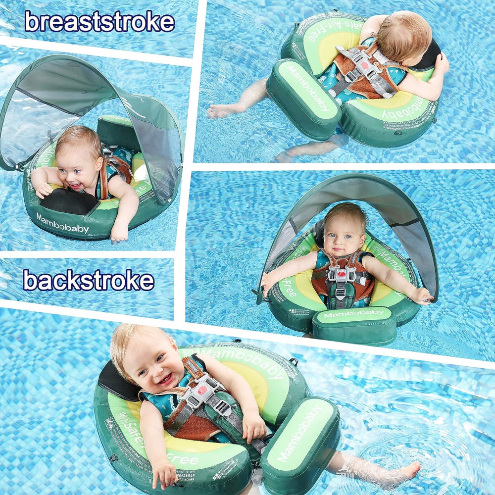 Flotador bebé sin aire Mambobaby™ Aguacate – Ayuda de natación inflable verde con canopia y arnés, para varias posturas...