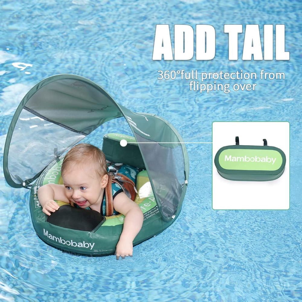 Flotador bebé sin aire Mambobaby™ Aguacate – Ayuda de natación inflable con canopia 360° de malla y arnés con hebilla.