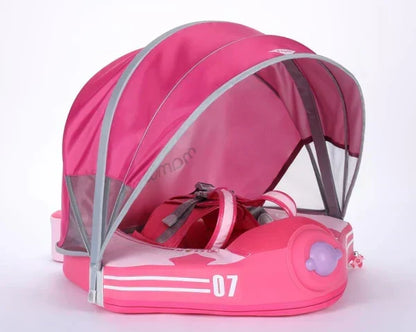 Flotador bebé sin aire Mambobaby™ Avión Explorador – Asistencia de natación sin flotadores con toldo rosa y arnés infantil