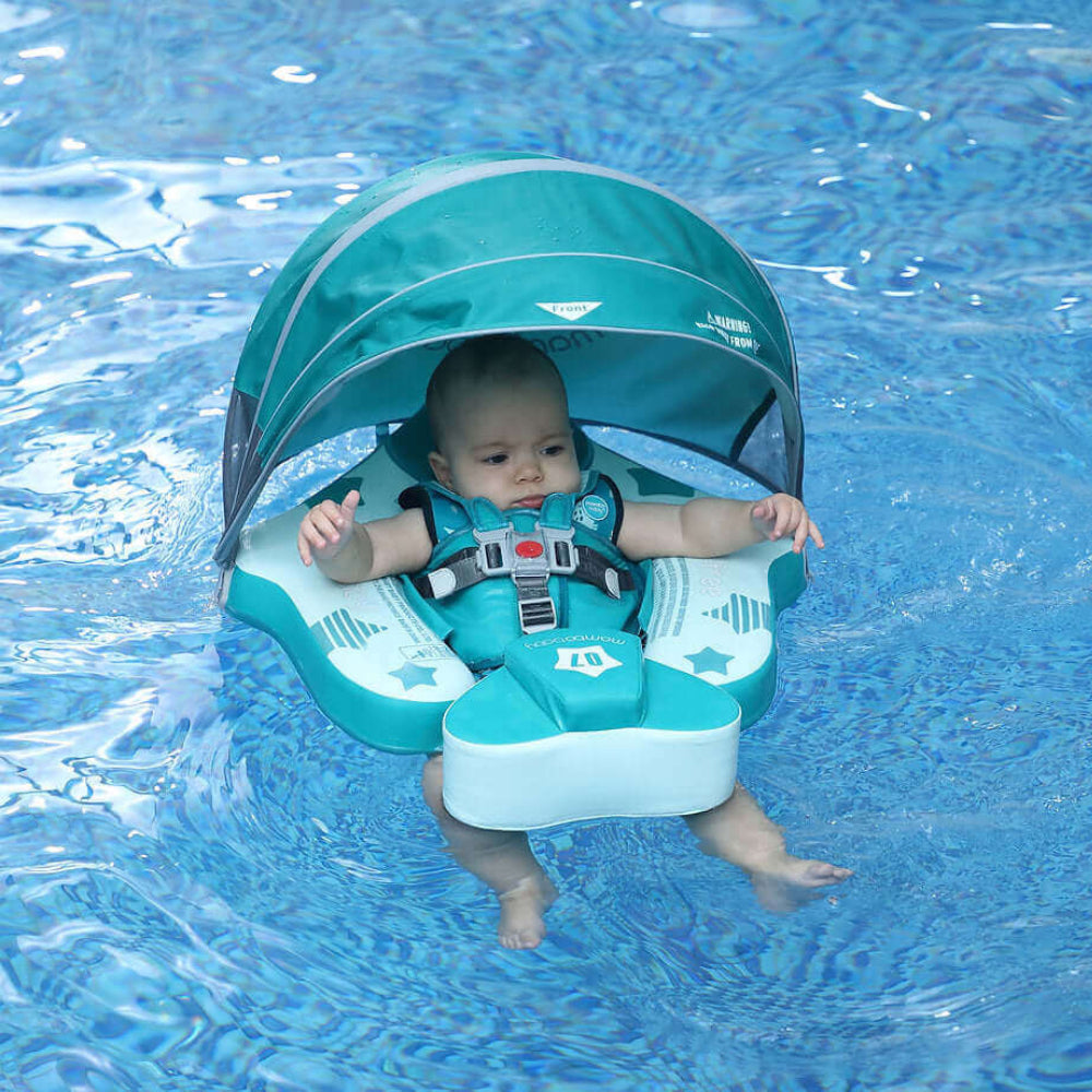 Flotador bebé sin aire Mambobaby™ Avión Explorador – Asiento flotador acuático con toldo azul verdoso y arnés de seguridad