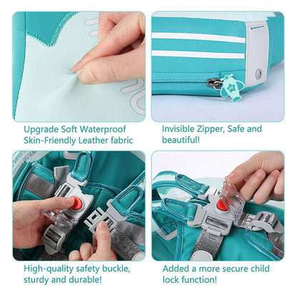 Flotador bebé sin aire Mambobaby™ Avión Explorador – Detalle de hebilla de seguridad y cierre con cremallera del asiento...