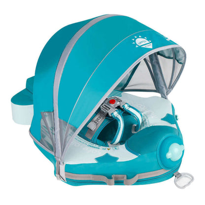 Flotador bebé sin aire Mambobaby™ Avión Explorador – Asistencia de natación con toldo y arnés, flotador teal compacto