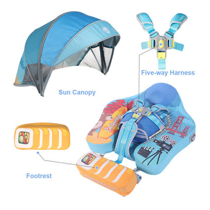 Flotador bebé sin aire Mambobaby™ California – Ayuda de natación con techo solar UV, arnés de cinco puntos y reposapiés