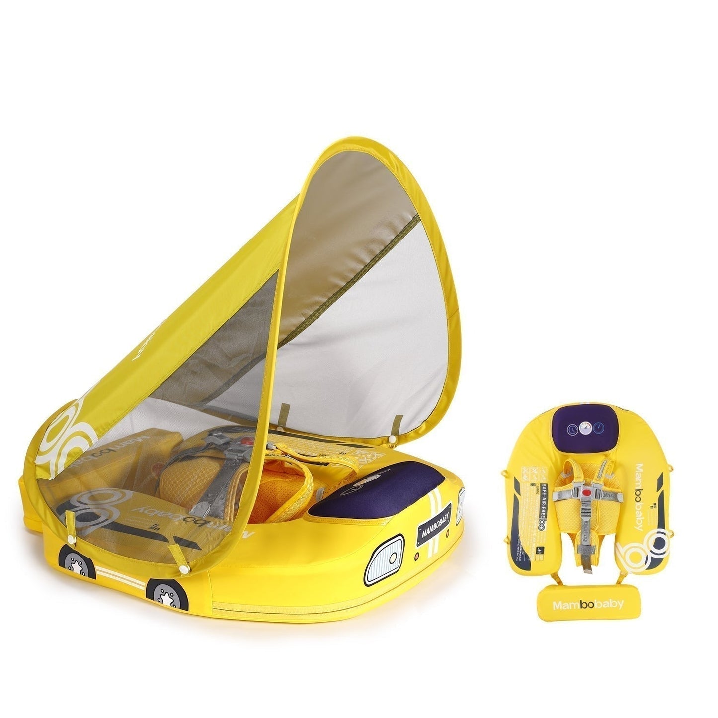 Flotador bebé sin aire Mambobaby™ Coche – Ayuda de natación sin aire amarilla con capota transparente y cinturones de...
