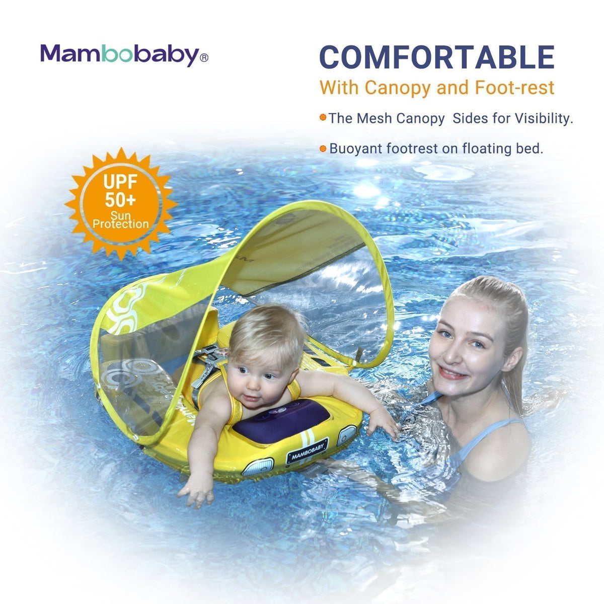 Flotador bebé sin aire Mambobaby™ Coche – Ayuda de natación sin aire amarilla con capota y reposapiés, para uso en agua