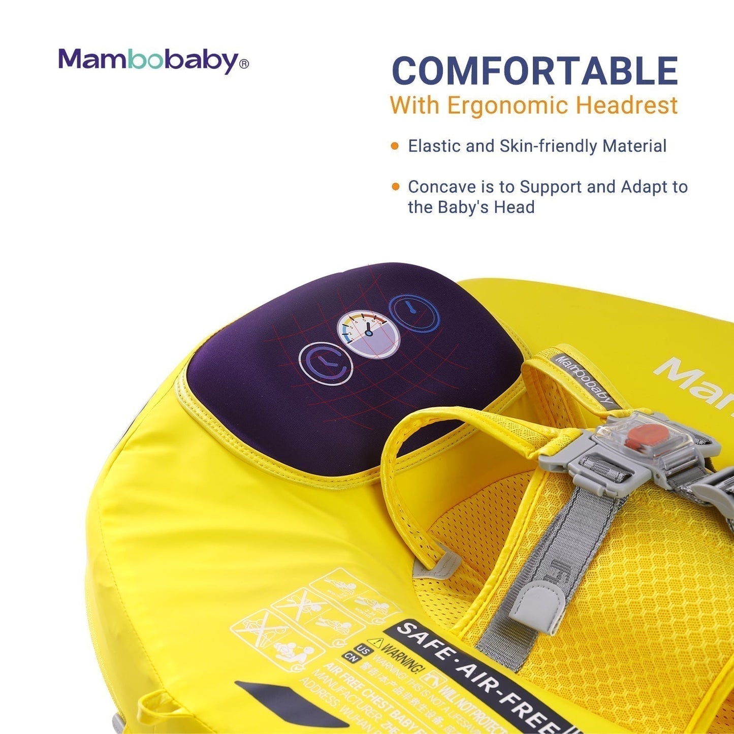 Flotador bebé sin aire Mambobaby™ Coche – Ayuda de natación sin aire amarilla con respaldo acolchado morado y cabecero...