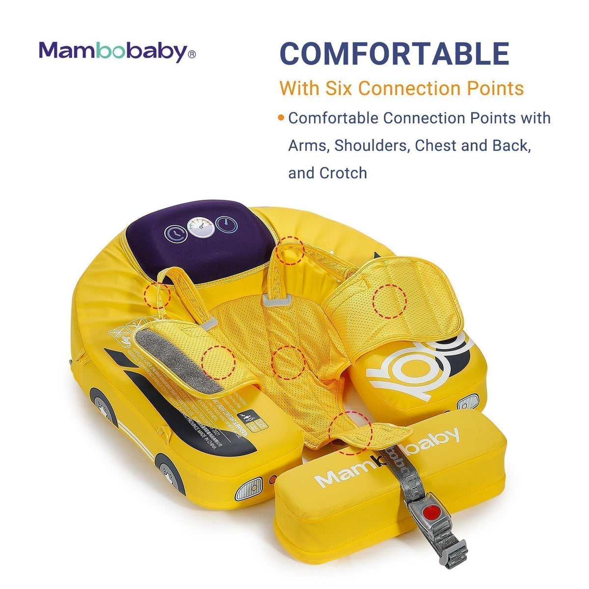Flotador bebé sin aire Mambobaby™ Coche – Ayuda de natación sin aire amarilla con múltiples puntos de conexión y correa...