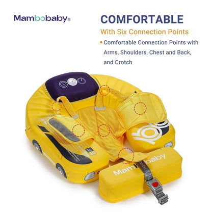 Flotador bebé sin aire Mambobaby™ Coche – Ayuda de natación sin aire amarilla con múltiples puntos de conexión y correa...