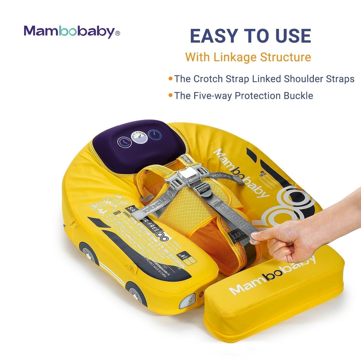Flotador bebé sin aire Mambobaby™ Coche – Ayuda de natación sin aire amarilla con hebilla de protección y correas enlazadas