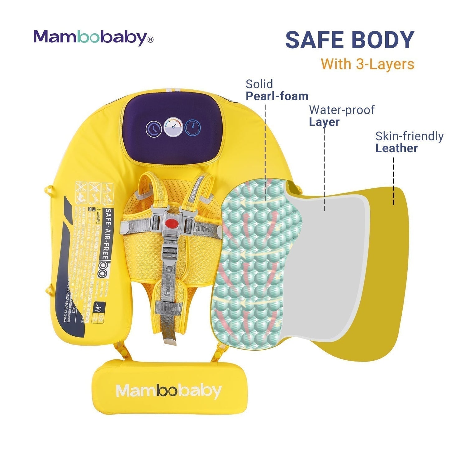Flotador bebé sin aire Mambobaby™ Coche – Ayuda de natación sin aire amarilla con vista de capas de protección y asiento