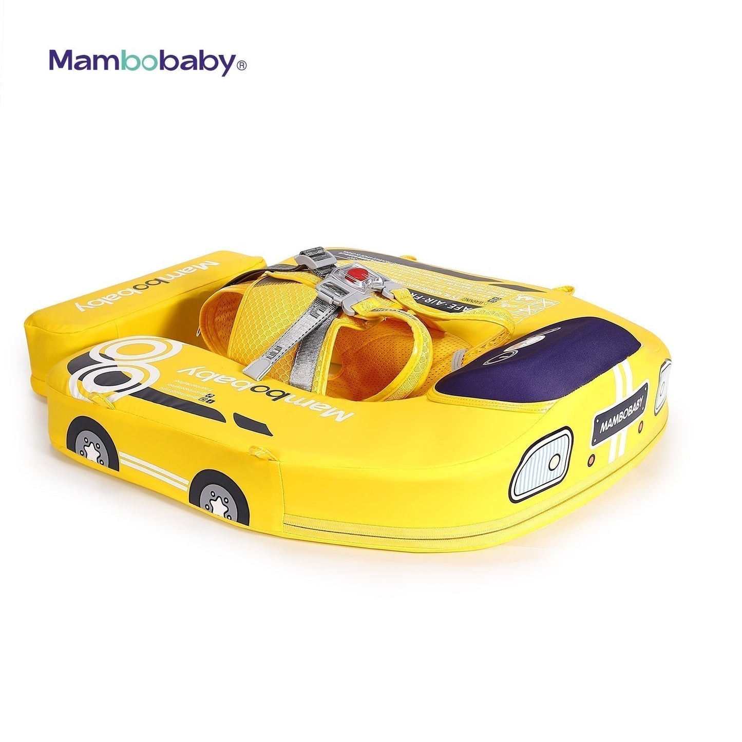 Flotador bebé sin aire Mambobaby™ Coche – Ayuda de natación sin aire amarilla con capota morada y correas ajustables
