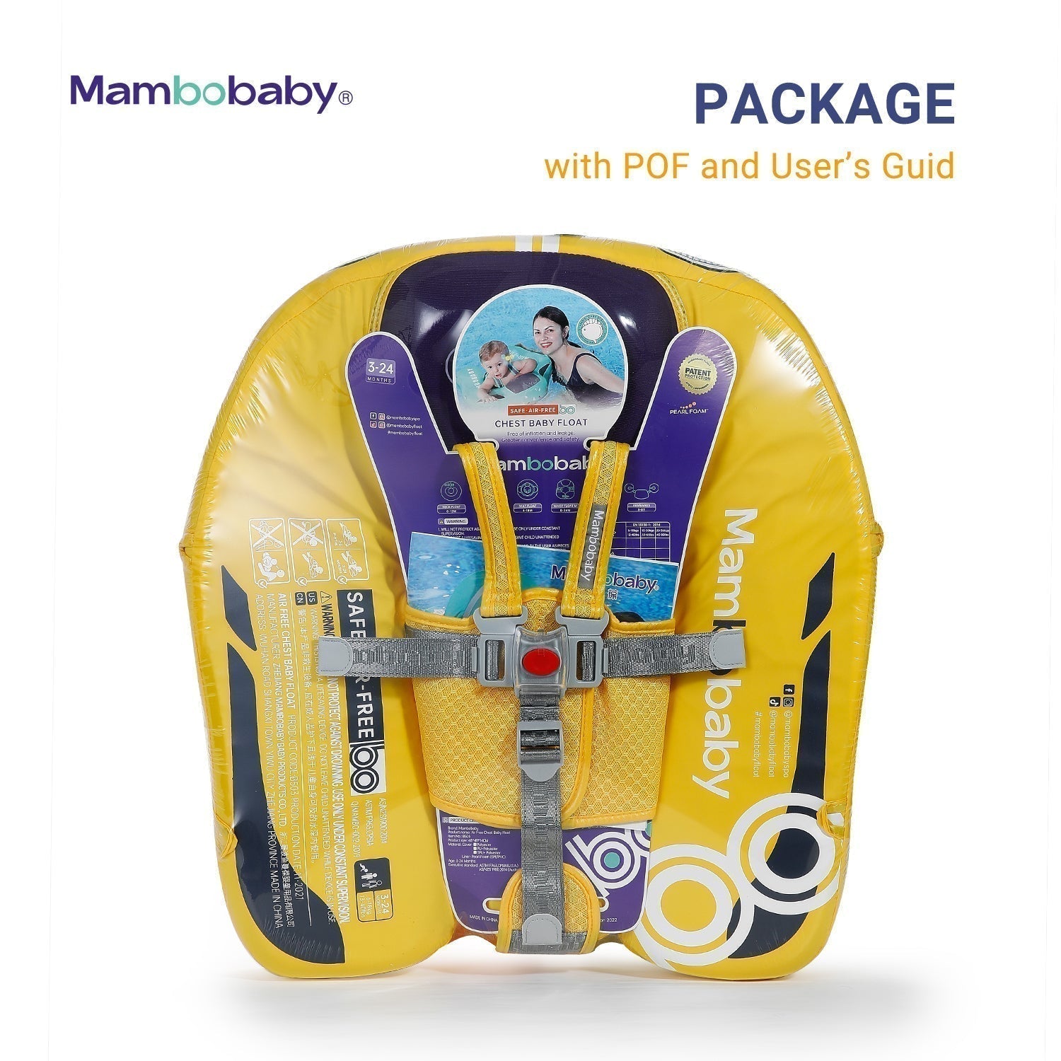 Flotador bebé sin aire Mambobaby™ Coche – Paquete de ayuda de natación sin aire amarilla con arnés y guías de usuario