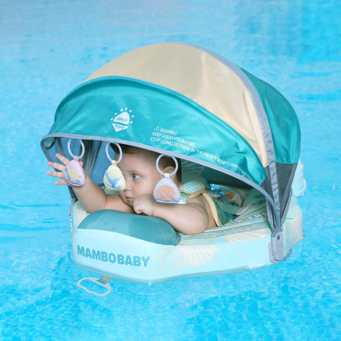 Flotador bebé sin aire Mambobaby™ Concha de viaje – Flotador de viaje concha sin aire turquesa, bebé dentro con toldo y...