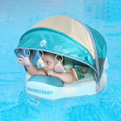 Flotador bebé sin aire Mambobaby™ Concha de viaje – Flotador de viaje concha sin aire turquesa, bebé dentro con toldo y...