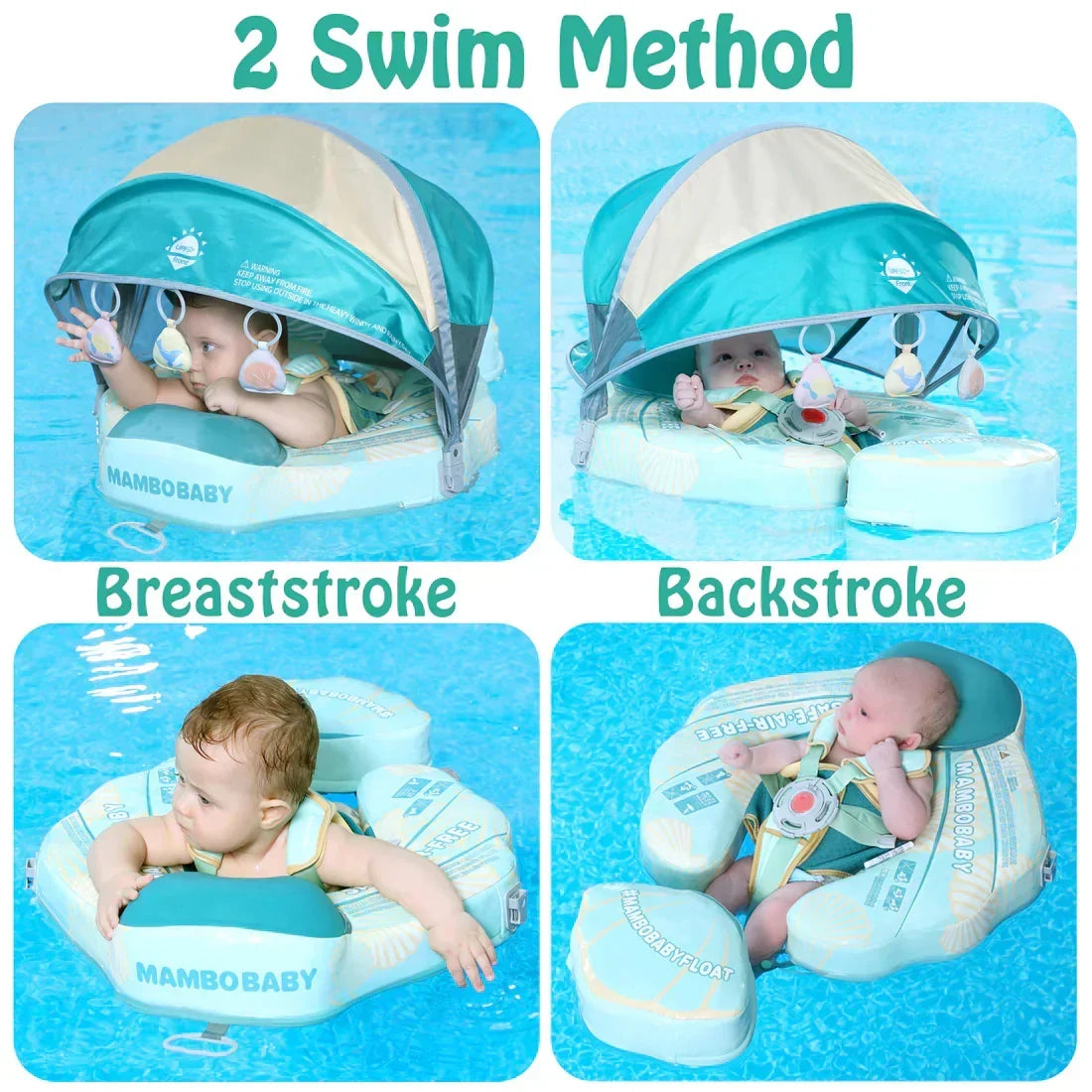 Flotador bebé sin aire Mambobaby™ Concha de viaje – Flotador de viaje concha sin aire turquesa, vista frontal del toldo y...