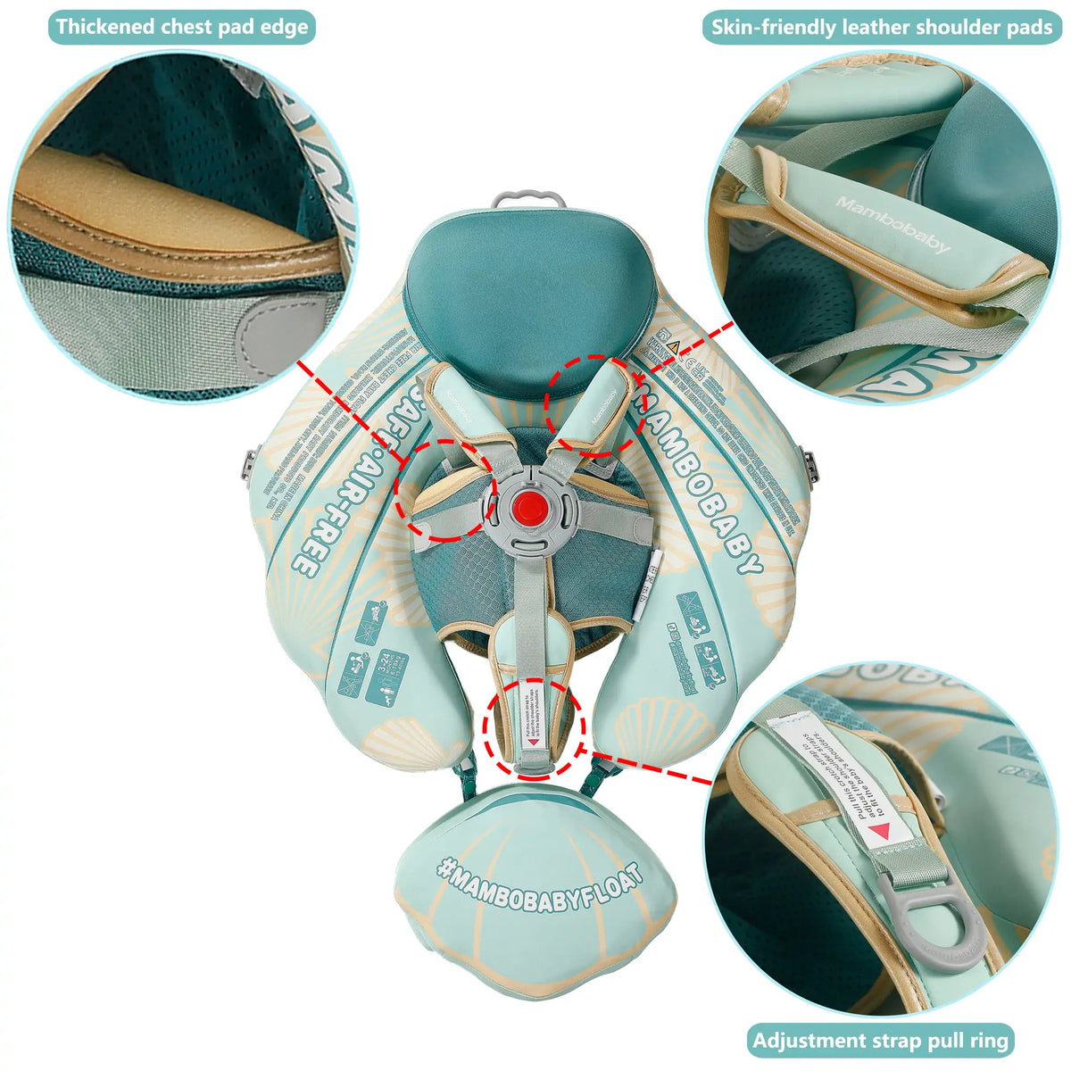 Flotador bebé sin aire Mambobaby™ Concha de viaje – Flotador de viaje concha sin aire turquesa, arnés central con correas...