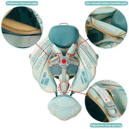 Flotador bebé sin aire Mambobaby™ Concha de viaje – Flotador de viaje concha sin aire turquesa, arnés central con correas...
