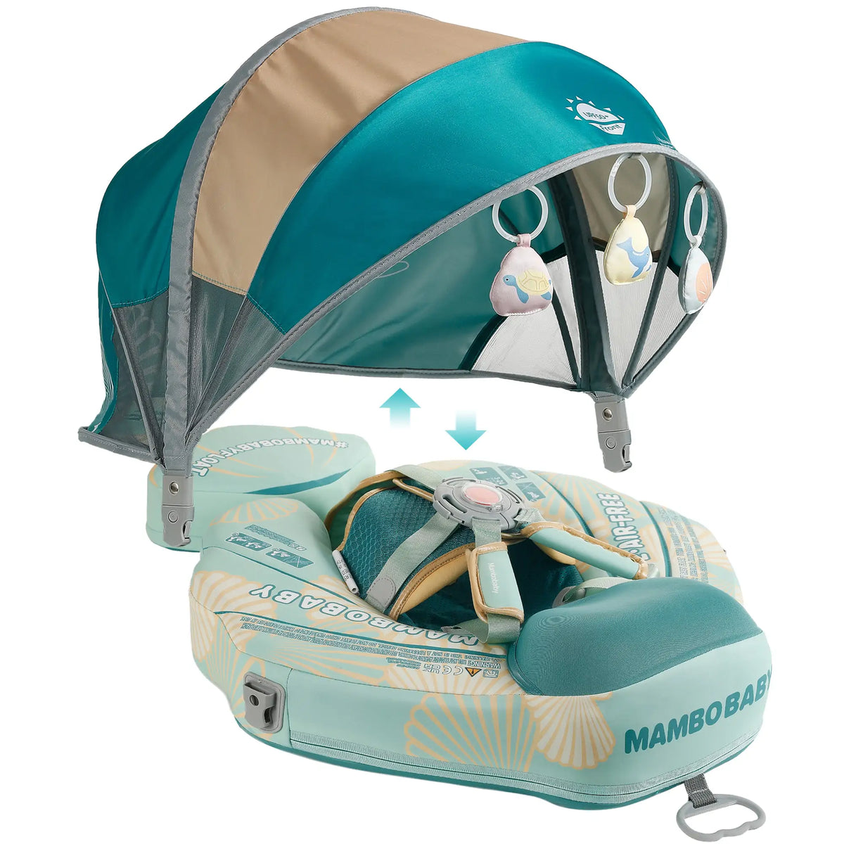 Flotador bebé sin aire Mambobaby™ Concha de viaje – Flotador de viaje concha sin aire turquesa y beige, con toldo...