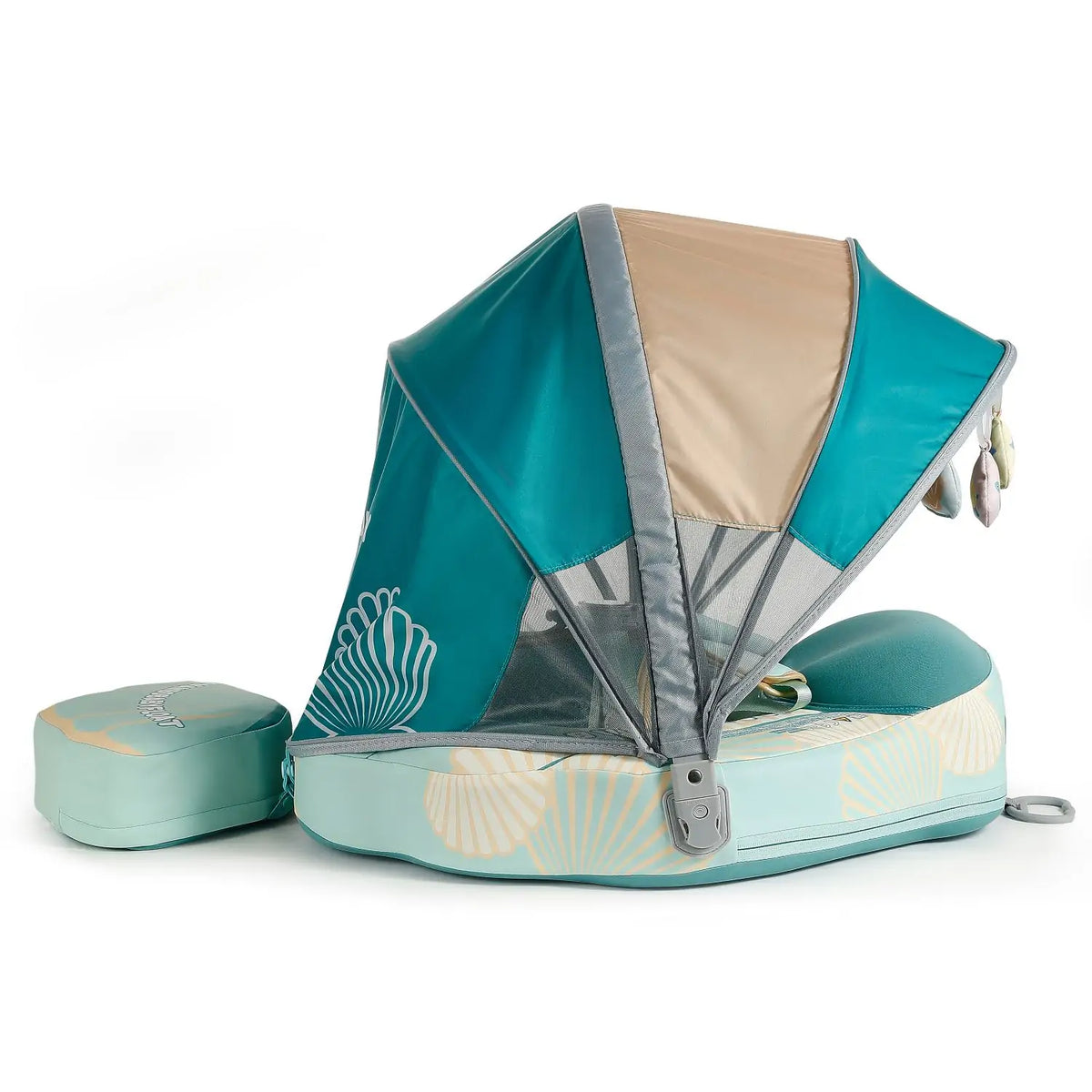 Flotador de viaje Mambobaby™ con toldo y base en verde azulado y beige