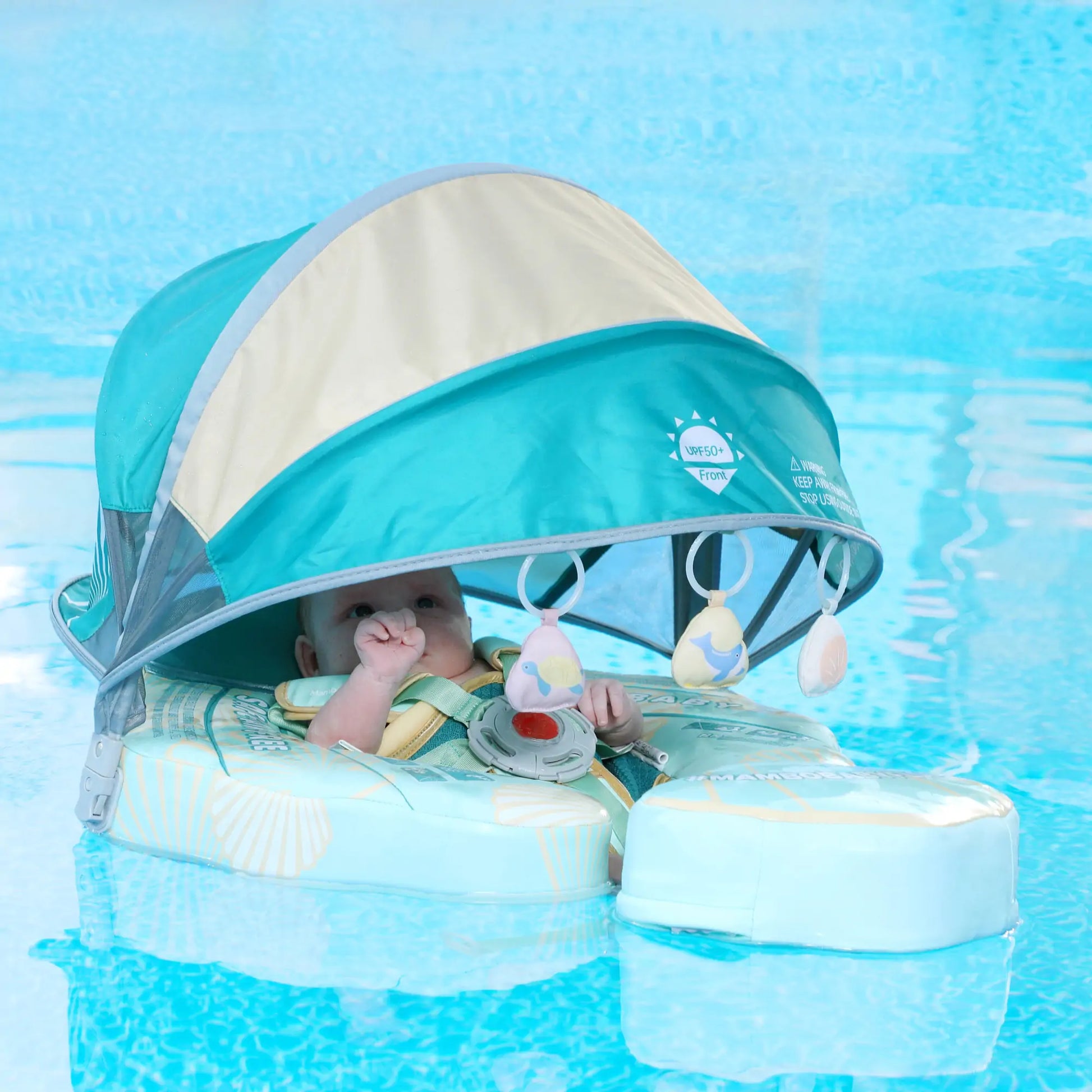 Flotador de viaje Mambobaby™ con toldo azul y asiento acolchado para bebé