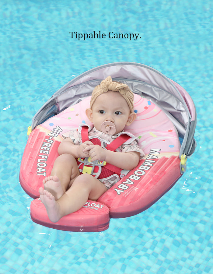 Ayuda de natación inflable Mambobaby™ con capota UV traslúcida y bebé sentado en la piscina