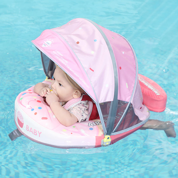 Flotador inflable para bebé Mambobaby™ con capota UV y base de espuma rosa