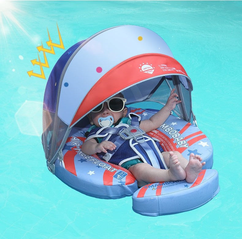 Flotador bebé sin aire Mambobaby™ Donut Americano – Ayuda de natación para bebé con techo UV azul y rojo y respaldo...
