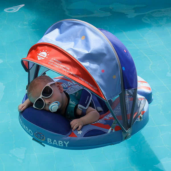 Flotador bebé sin aire Mambobaby™ Donut Americano – Ayuda de natación tipo donut azul y roja con techo transparente y...