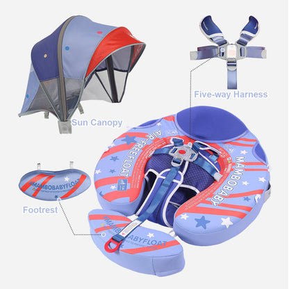 Flotador bebé sin aire Mambobaby™ Donut Americano – Ayuda de natación donut con arnés de cinco puntos, sombrilla y reposapiés