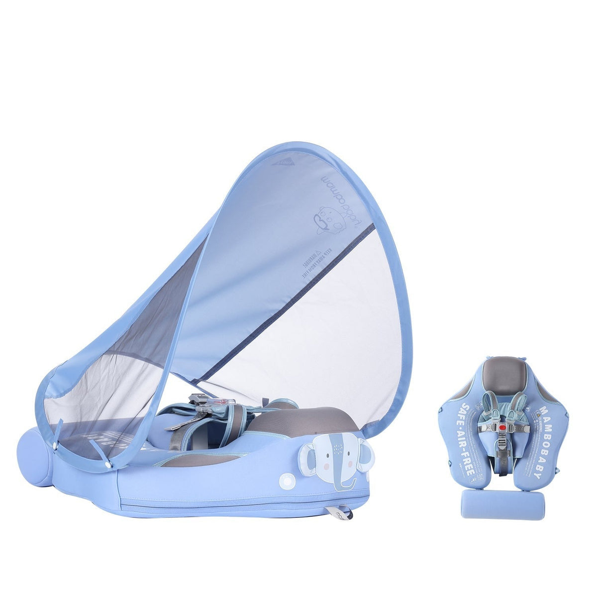 Flotador bebé sin aire Mambobaby™ Elefante – Ayuda para nadar sin aire con forma de elefante, azul claro, capota de malla