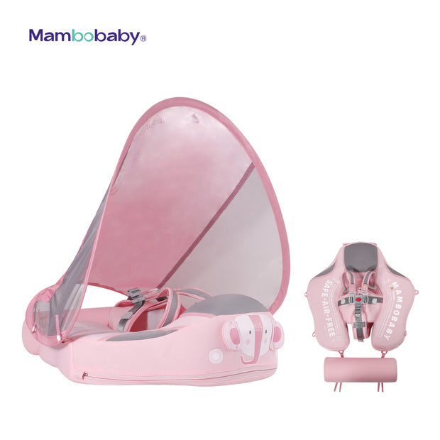 Flotador bebé sin aire Mambobaby™ Elefante – Ayuda para nadar sin aire con forma de elefante, rosa, capota de malla y correas