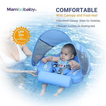 Flotador bebé sin aire Mambobaby™ Elefante – Ayuda para nadar sin aire con capota y reposapiés, azul, arnés de sujeción