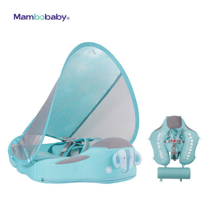 Flotador bebé sin aire Mambobaby™ Elefante – Ayuda para nadar sin aire con elefante, azul celeste, capota de malla y correas