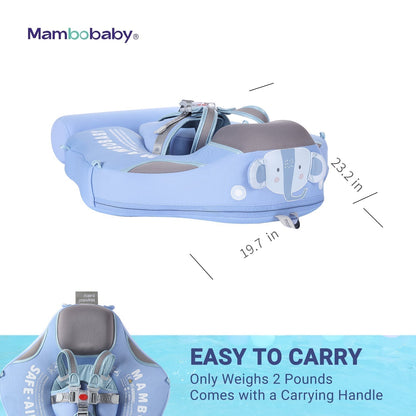 Flotador bebé sin aire Mambobaby™ Elefante – Ayuda para nadar sin aire azul claro con asa de transporte y arnés frontal