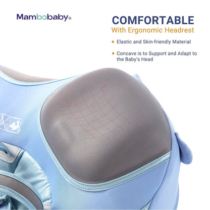Flotador bebé sin aire Mambobaby™ Elefante – Ayuda para nadar sin aire azul claro con reposacabezas ergonómico gris