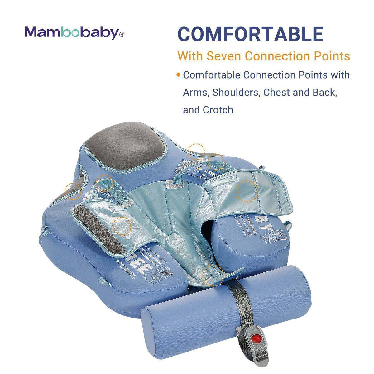 Flotador bebé sin aire Mambobaby™ Elefante – Ayuda para nadar sin aire azul claro con arnés y puntos de fijación en el cuerpo