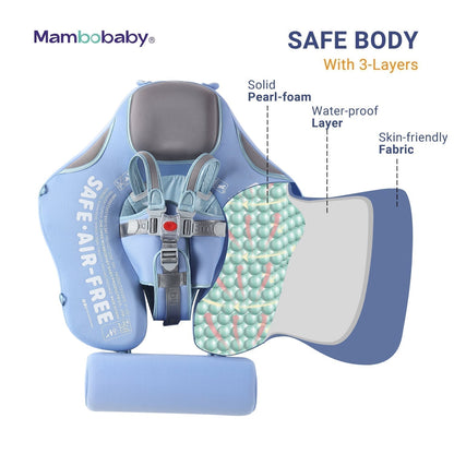 Flotador bebé sin aire Mambobaby™ Elefante – Ayuda para nadar sin aire azul claro con capas de protección y arnés