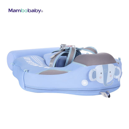 Flotador bebé sin aire Mambobaby™ Elefante – Ayuda para nadar sin aire azul claro con elefante y capota de malla desplegada