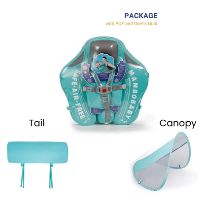 Flotador bebé sin aire Mambobaby™ Flamenco – Anillo de natación turquesa con capota y piezas del kit, mostrado con el...