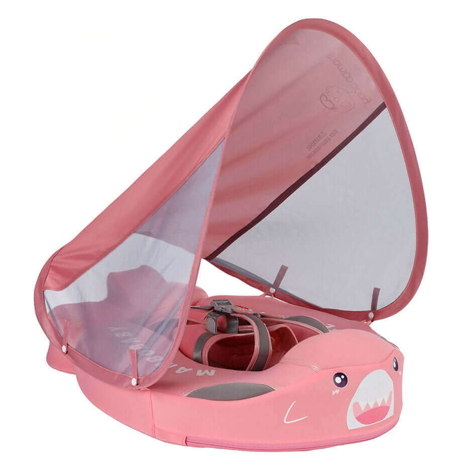 Flotador bebé sin aire Mambobaby™ Flamenco – Anillo inflable para natación rosa con capota transparente y diseño de tiburón