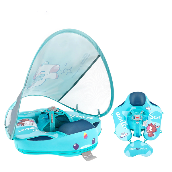 Flotador bebé sin aire Mambobaby™ KuKuKiKi – Ayuda flotante para bebé con cúpula de malla y reposapiés, color turquesa