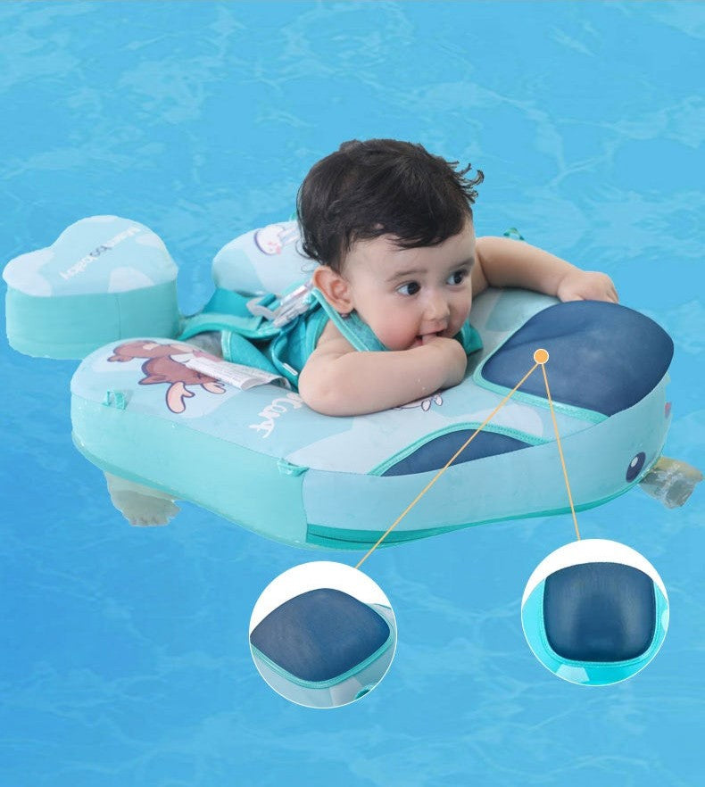 Flotador bebé sin aire Mambobaby™ KuKuKiKi – Ayuda flotante turquesa con bebé dentro y dos asas de sujeción en el flotador