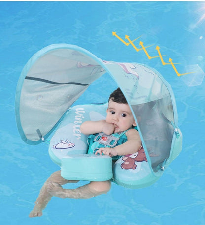 Flotador bebé sin aire Mambobaby™ KuKuKiKi – Ayuda flotante turquesa con bebé y cúpula abierta, malla protectora