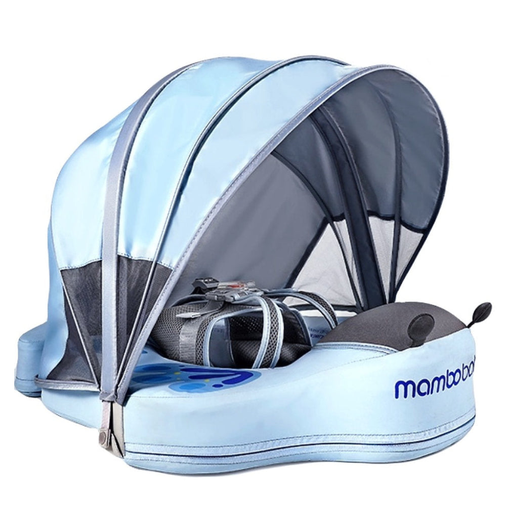 Flotador bebé sin aire Mambobaby™ Mariposa – Flotador sin aire para natación con capota azul y arnés gris, vista frontal.