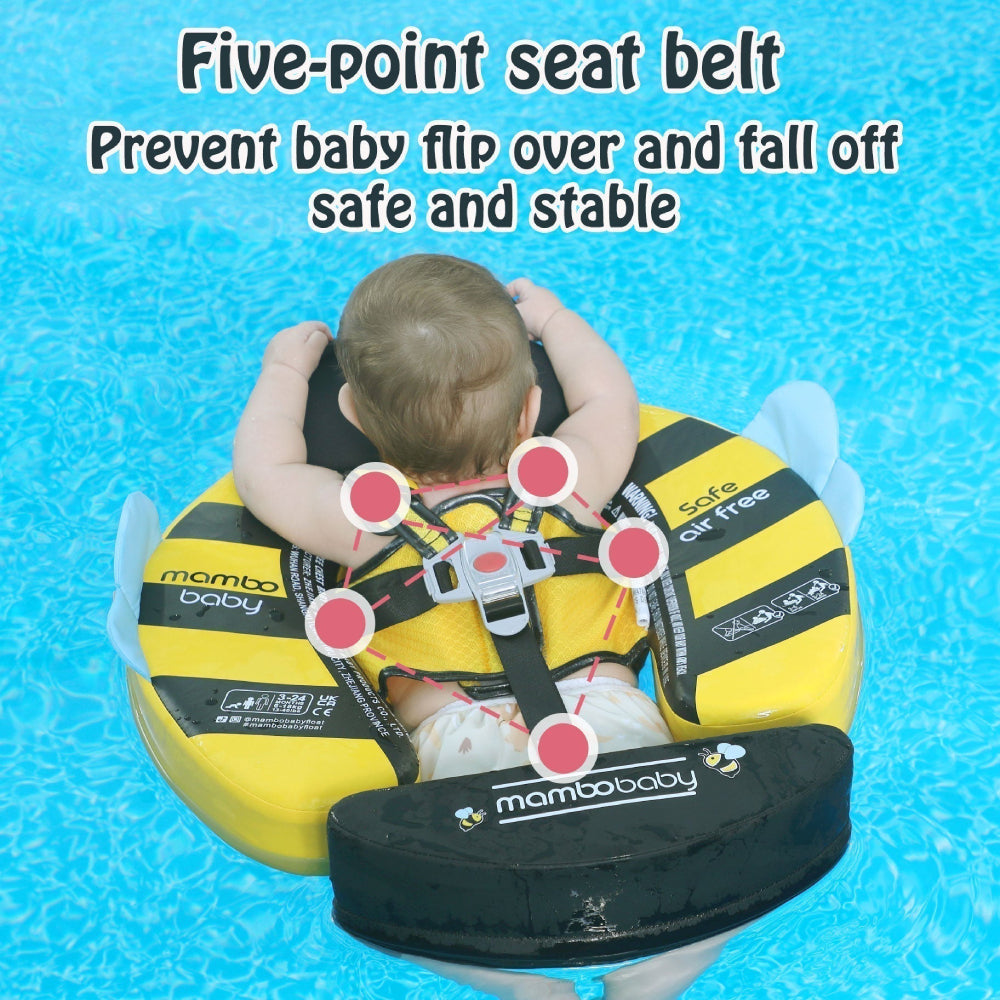 Flotador bebé sin aire Mambobaby™ Mariposa – Flotador sin aire amarillo con arnés de cinco puntos y capota, con bebé.