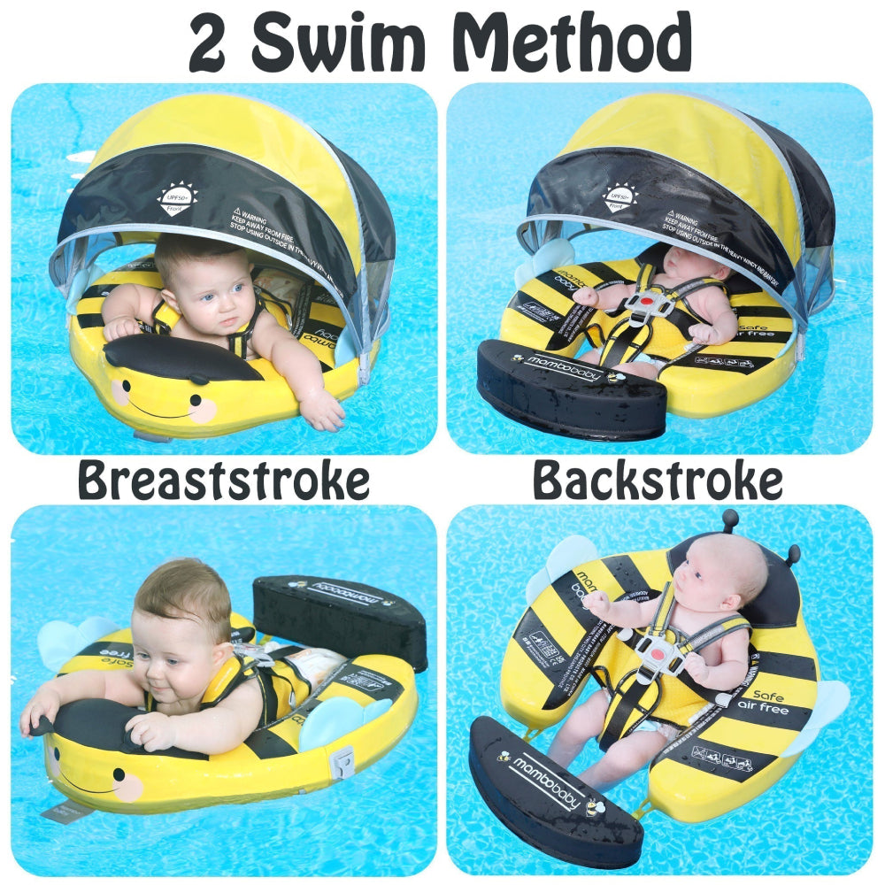 Flotador bebé sin aire Mambobaby™ Mariposa – Flotador sin aire amarillo con capota negra, vista de uso lateral y frontal.