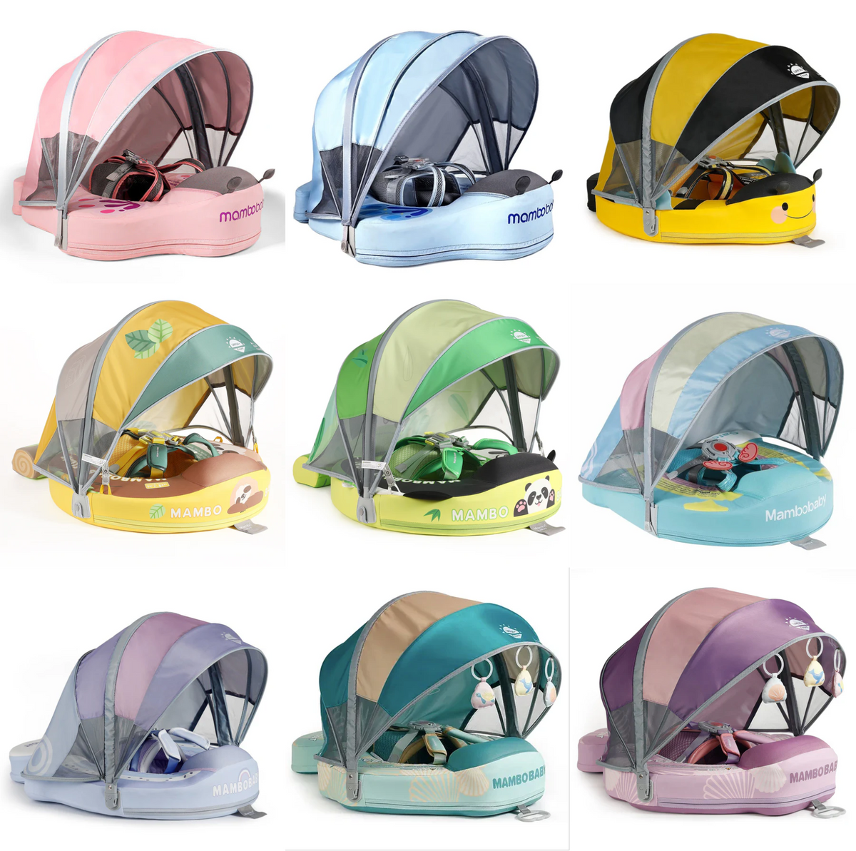 Flotador bebé sin aire Mambobaby™ Mariposa – Flotadores sin aire con capota en varios colores, vista general en conjunto.